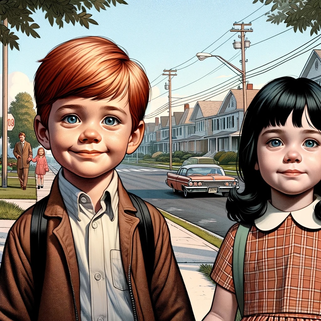 Illustration of two children, a boy and a girl, in a suburban setting with vintage elements.