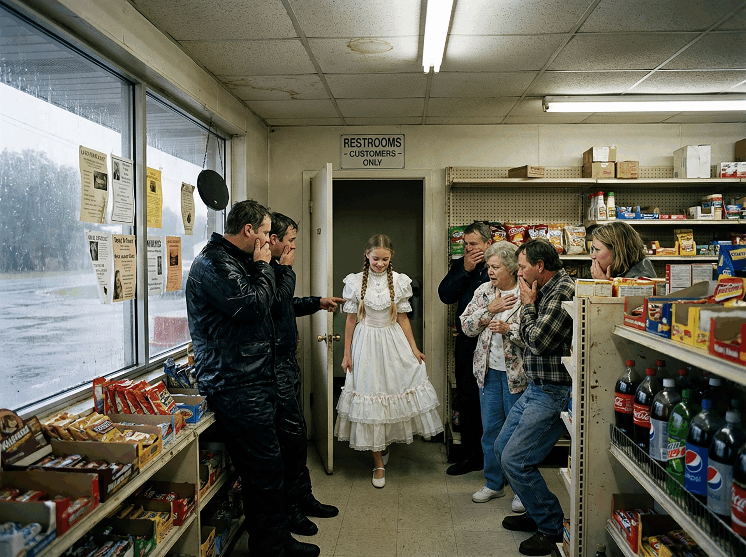 Interior of dingy rural convenience store under harsh fluorescent lights. Young teenage girl in white frilly bluegrass dress emerges from restroom door at back, smoothing her dress with serene expression. Several people scattered throughout store recoil in horror, clutching chests and covering noses. Rainy afternoon visible through windows. 2007 Ozarks setting.