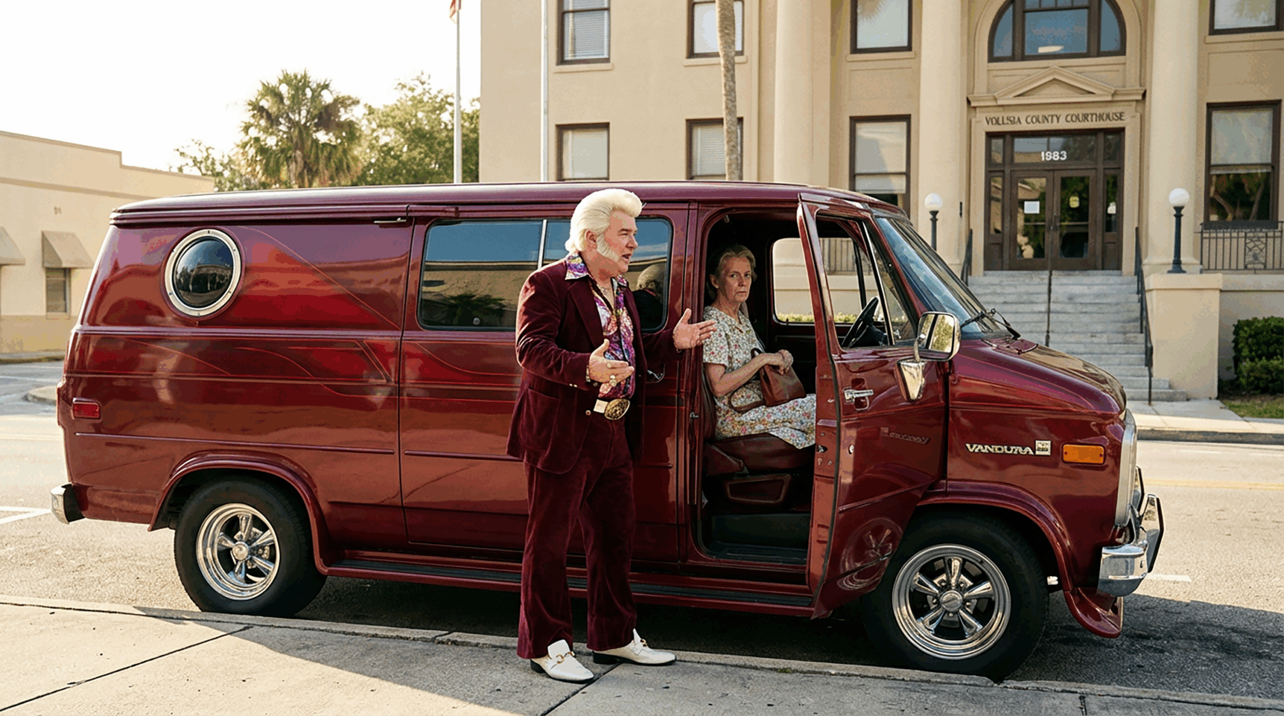 Burgundy custom GMC Vandura van with candy paint and porthole windows parked in front of Volusia County Courthouse. Elderly man in burgundy velour disco suit and pompadour hairstyle stands at passenger door gesturing to elderly woman sitting inside clutching purse, refusing to exit. 1983 Florida setting.