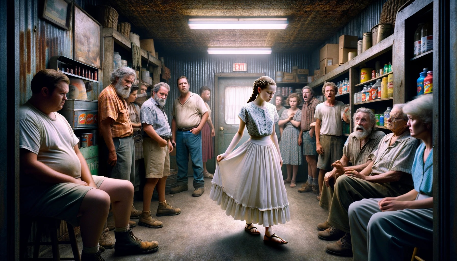 A young woman in a vintage-style dress adjusts her skirt in a rustic store, surrounded by various onlookers.
