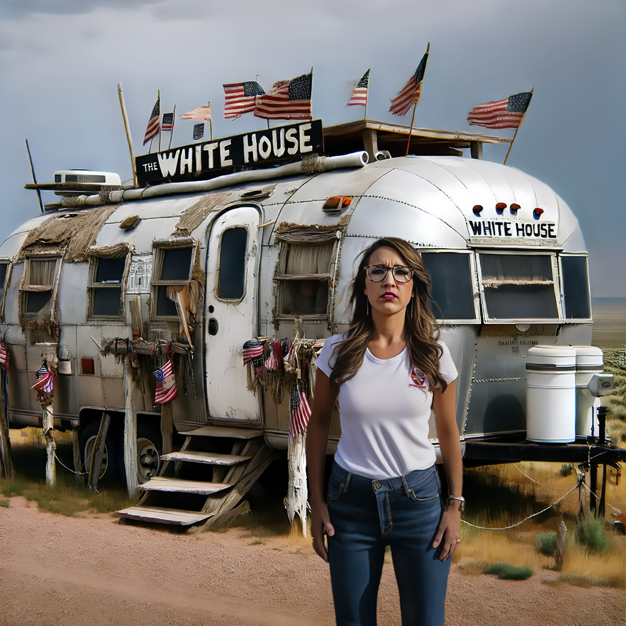 A woman stands in front of a dilapidated vintage trailer adorned with American flags and a sign reading "The White House".