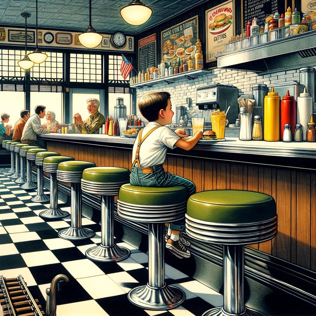 A young boy sits at a classic diner counter with patrons and a server in a nostalgic American setting.