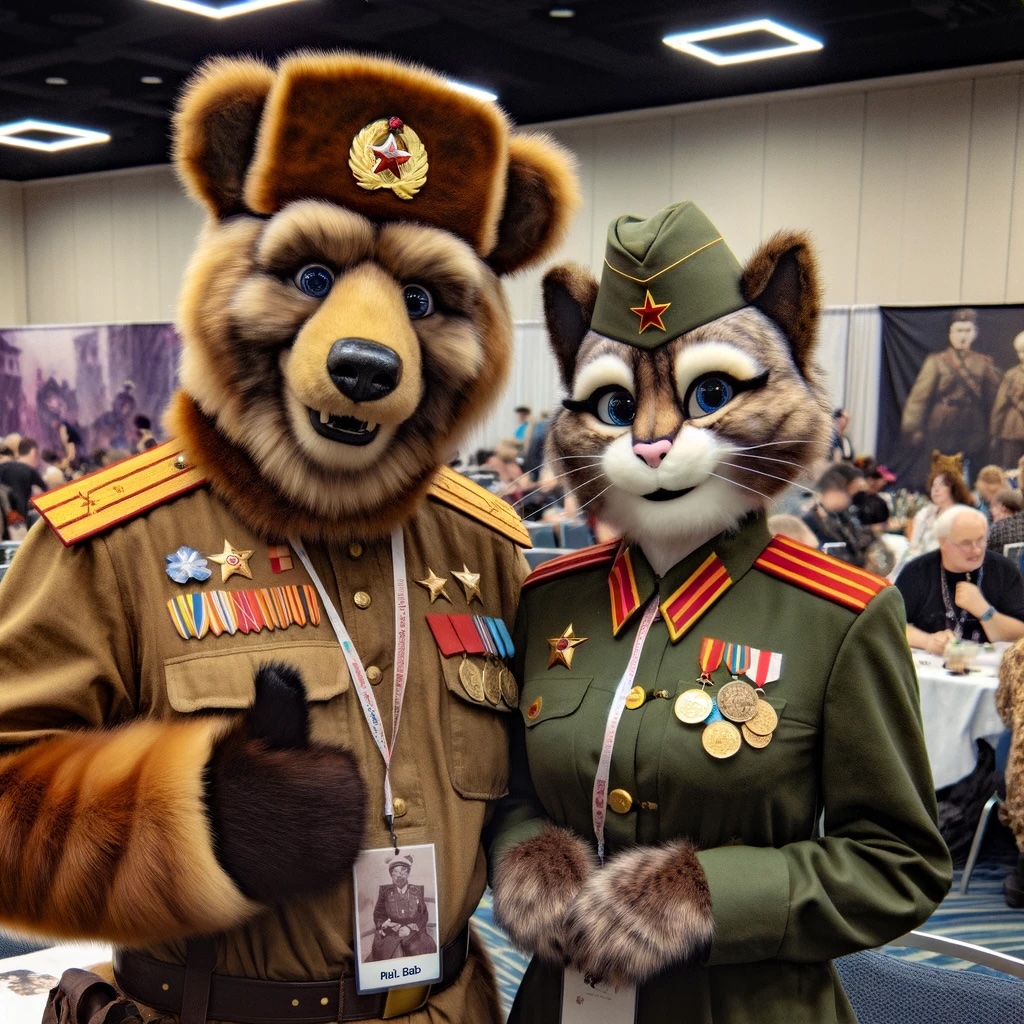 Two individuals in elaborate animal costumes with military decorations, resembling a bear and a cat, at a convention.