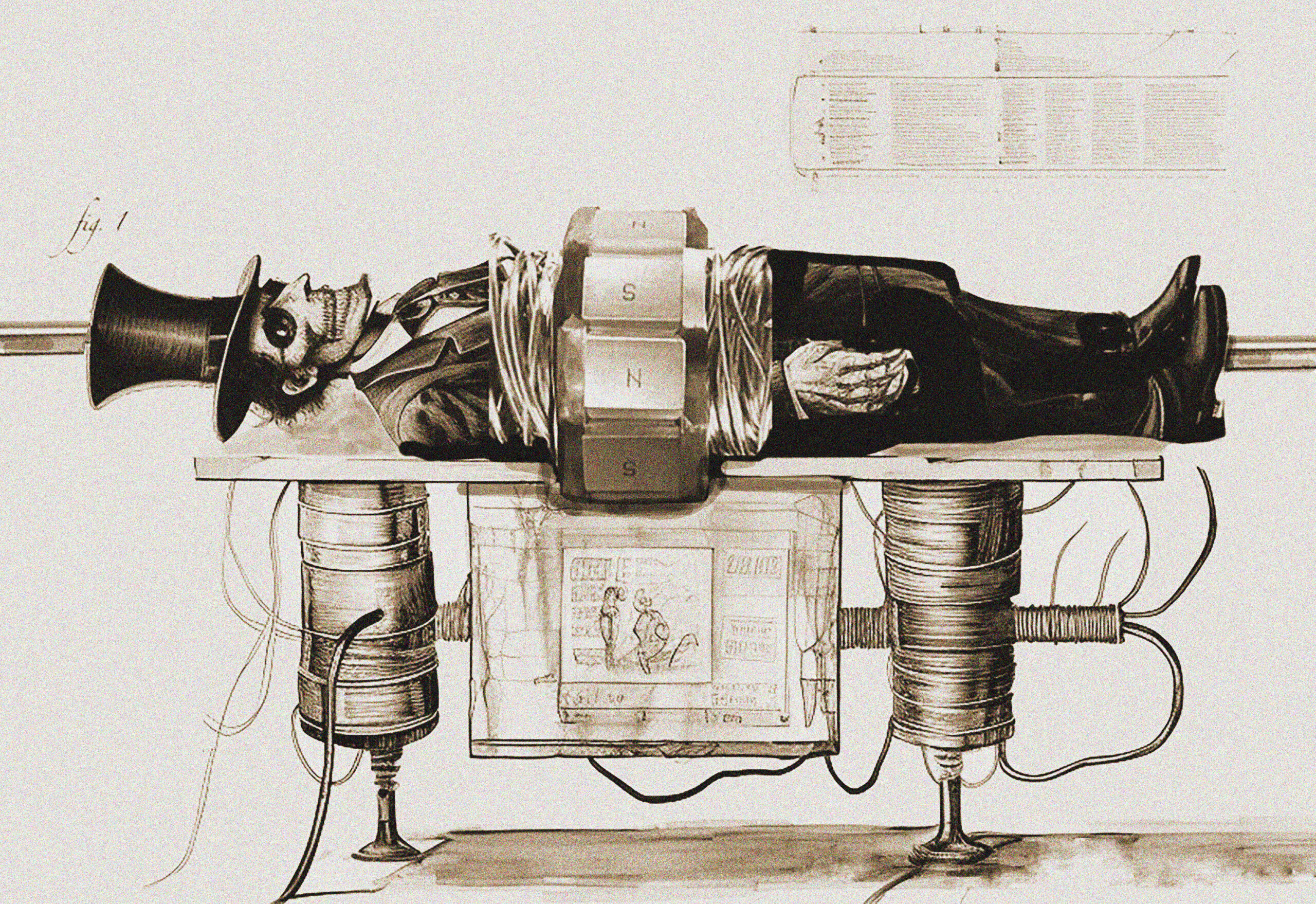 An illustration depicting an energy generation concept, where Abraham Lincoln's resting place is transformed into a power station. The setup includes Lincoln's figure wrapped in copper wire, with neodymium magnets positioned around him. The design suggests that the spinning motion of his figure, driven by the political state of his party, could be used to produce electricity.