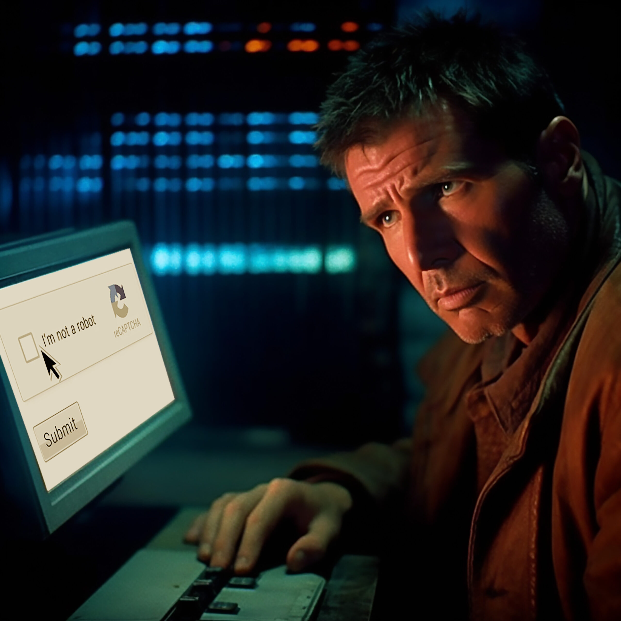 Deckard from Bladerunner contemplates the, "I'm not a robot." Captcha challenge. Looking unsure.