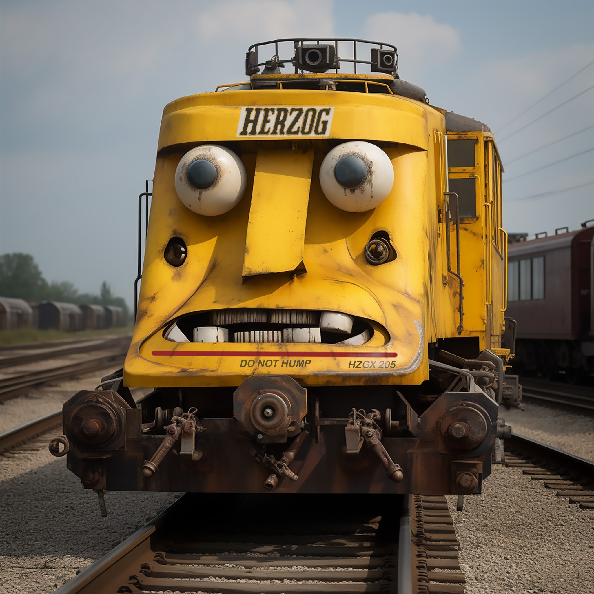 An anthropomorphic yellow train with eyes and a mouth resembling a cartoonish face, marked 'HERZOG' on the front.