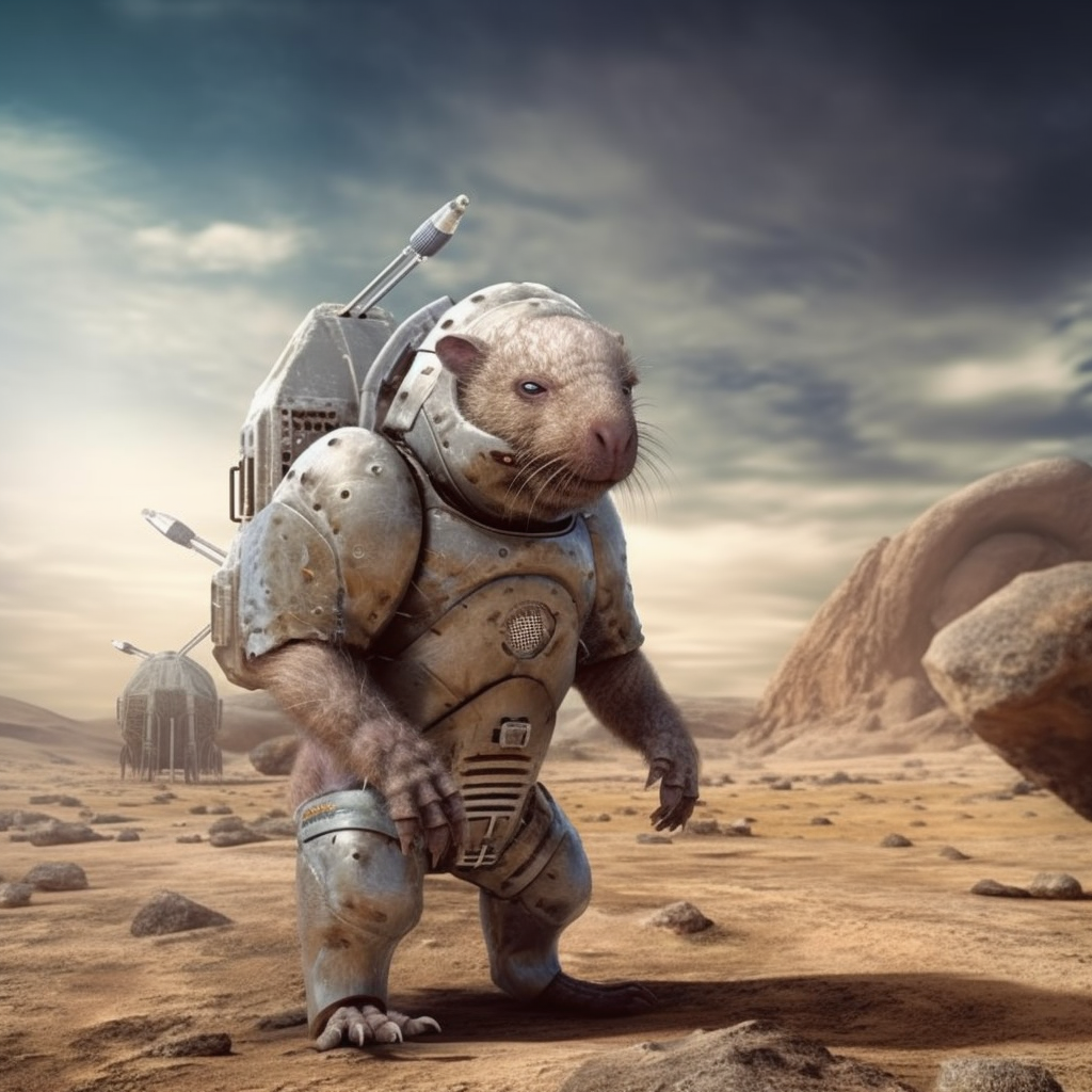A creature resembling a wombat in a robotic suit stands on Mar's barren, rocky landscape under a cloudy sky.