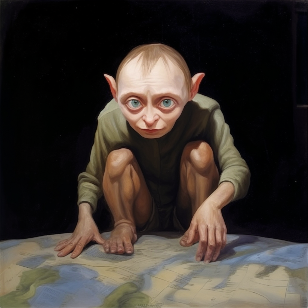 Illustration of Putin with Golum-like features intently examining a map spread out before it. Crimea or Ukraine. The being has large, expressive eyes, and pointed ears, and is crouched in a position that suggests both concentration and possessiveness, reminiscent of a character deeply engrossed in the quest for a treasured object.