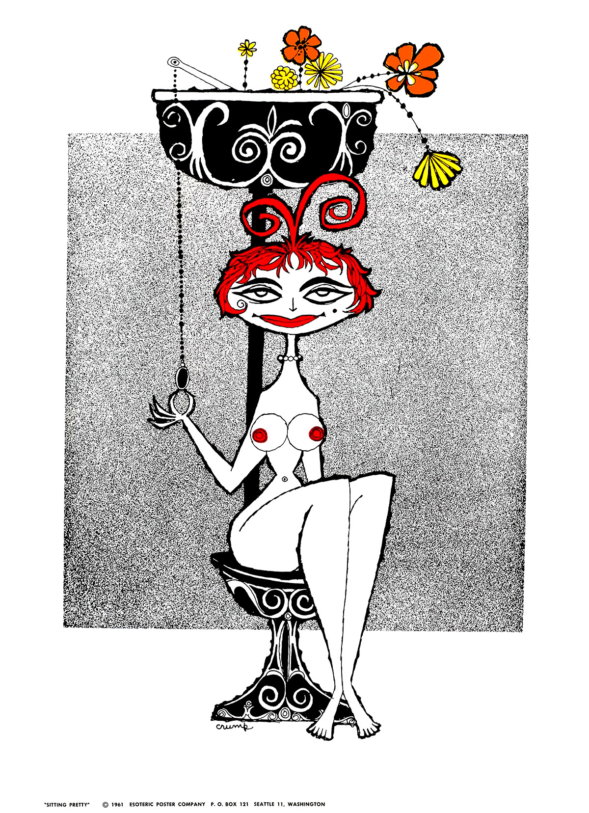 A playful and stylized illustration of a naked red-haired female figure seated on an antique toilet, ready to pull the chain.