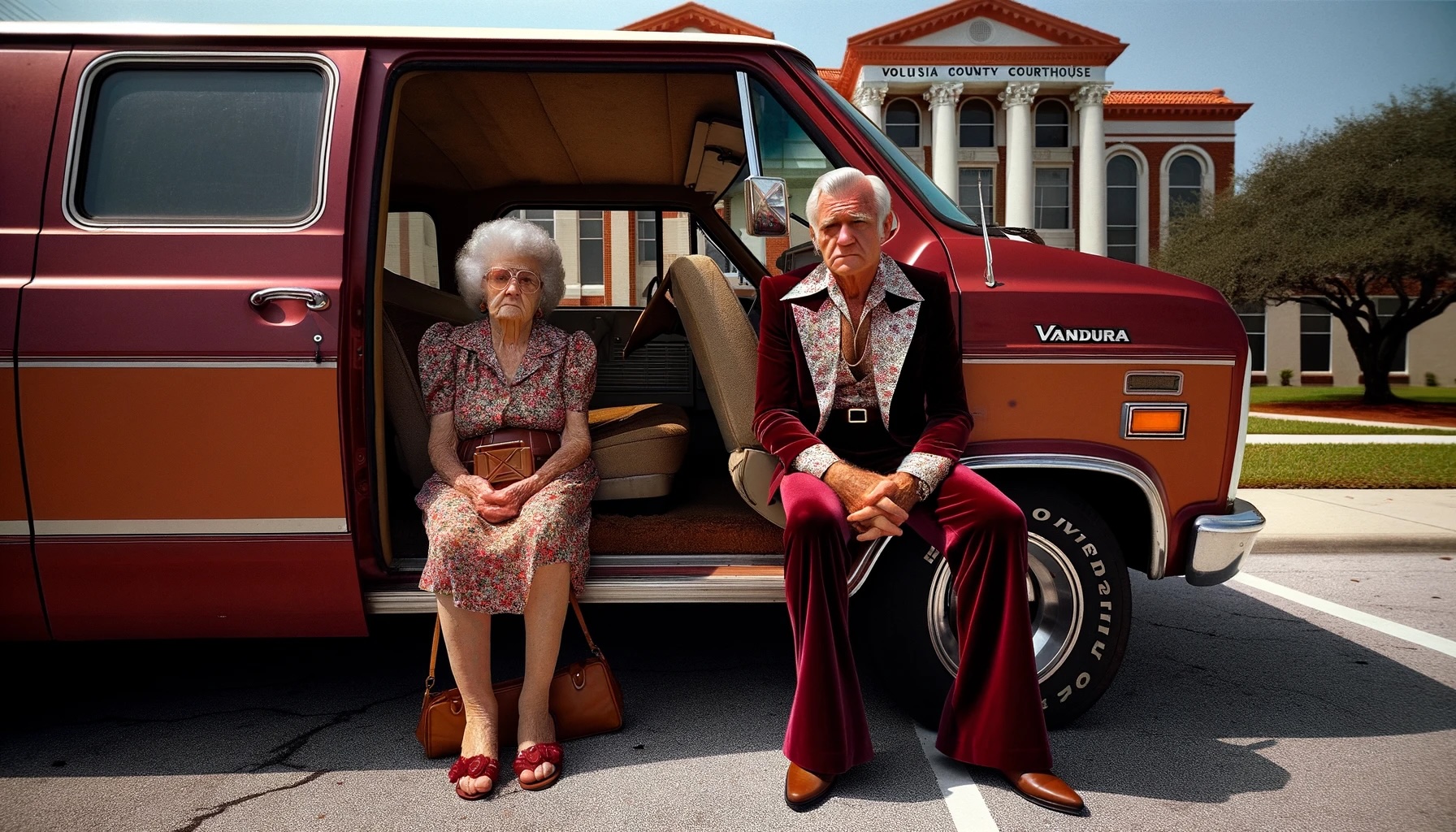 An elderly couple sits solemnly in an open burgundy van parked in front of the Volusia County Courthouse.