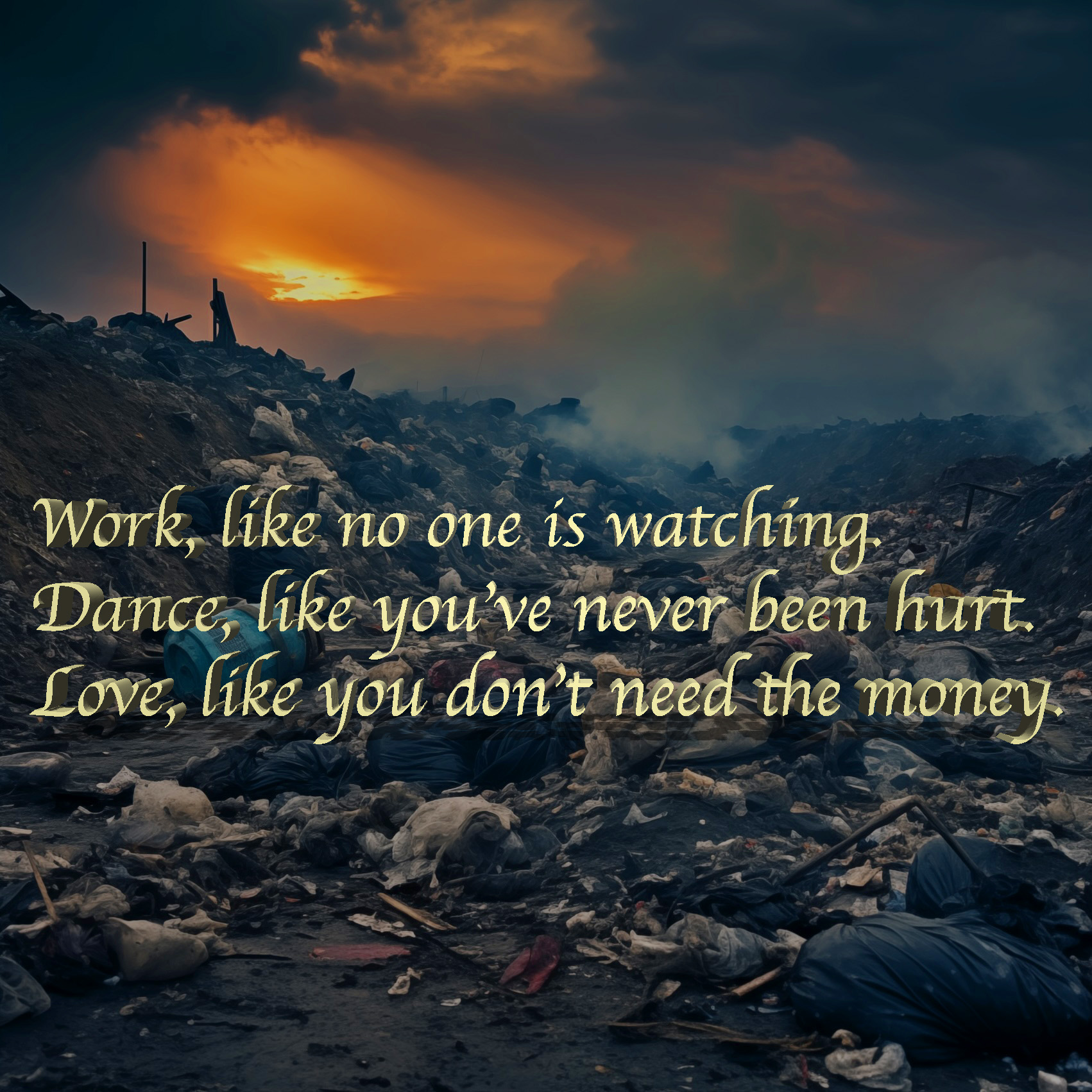 Depressing quote over an image of a desolate garbage dump with a dramatic sunset. "Work like no one is watching. Dance, like you've never been hurt. Love, like you don't need the money."