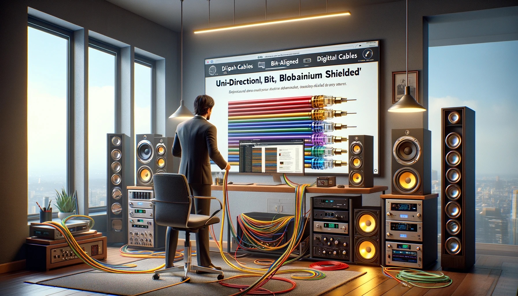 A person stands in a modern, high-rise apartment filled with high-end audio equipment and colorful cables.