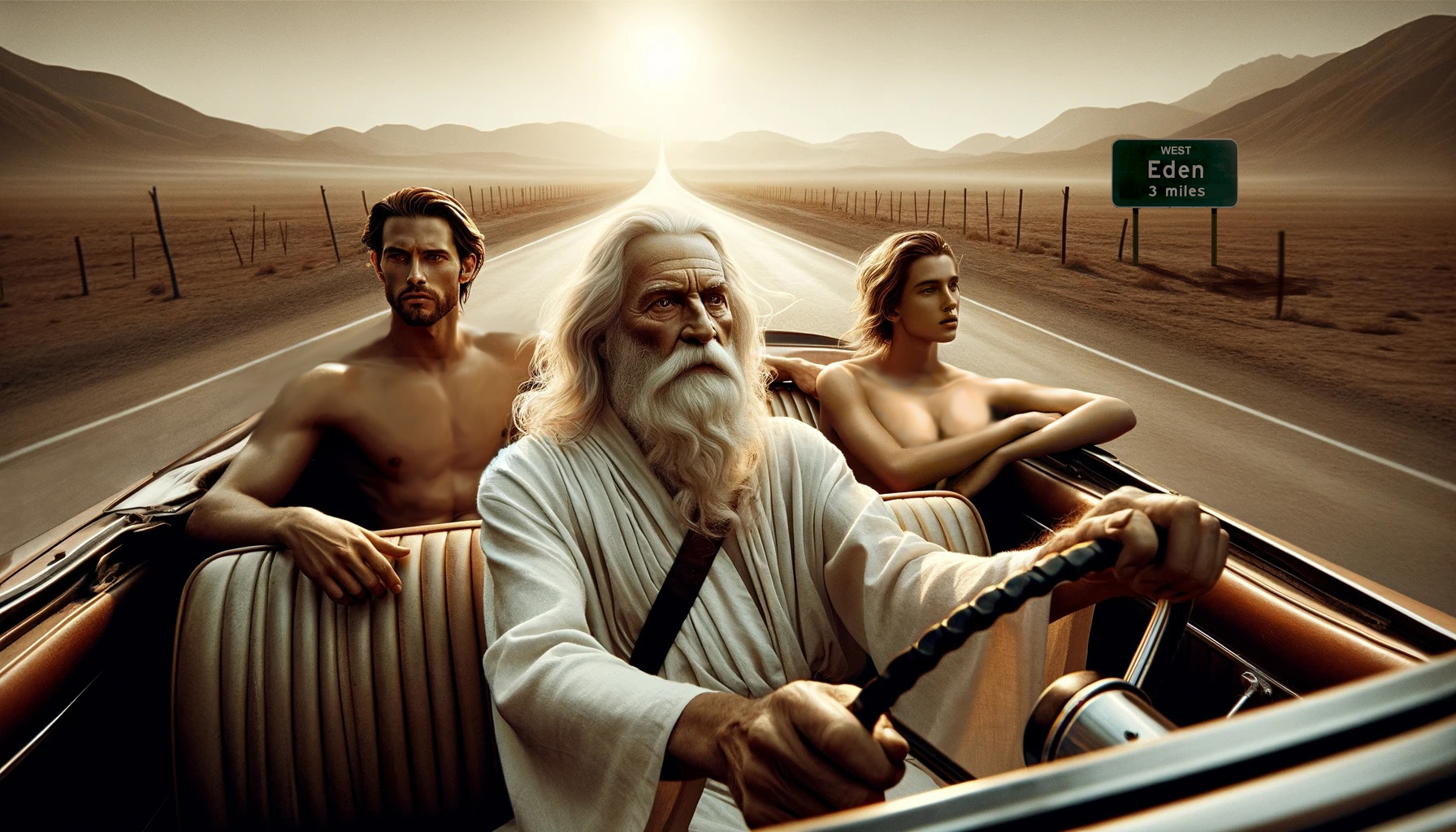 An old man (God) with white hair and a beard driving a convertible car with two young passengers (Adam & Eve), heading towards a destination called Eden. "And he (Harold be thy name) drove them out of Eden in his Fury (Plymouth)."