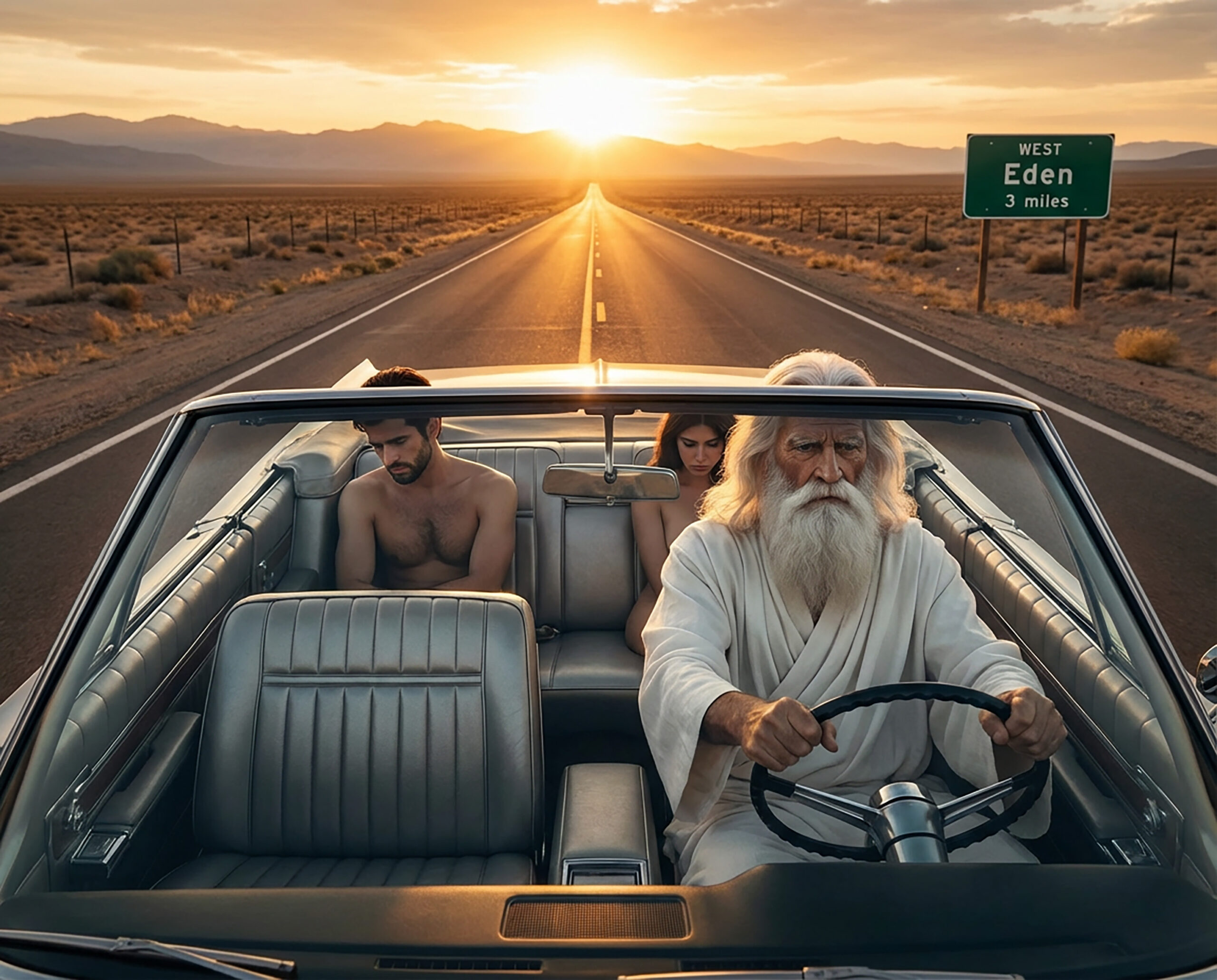 An old man (God) with white hair and a beard driving a convertible car with two young passengers (Adam & Eve), heading towards a destination called Eden. "And he (Harold be thy name) drove them out of Eden in his Fury (Plymouth)."