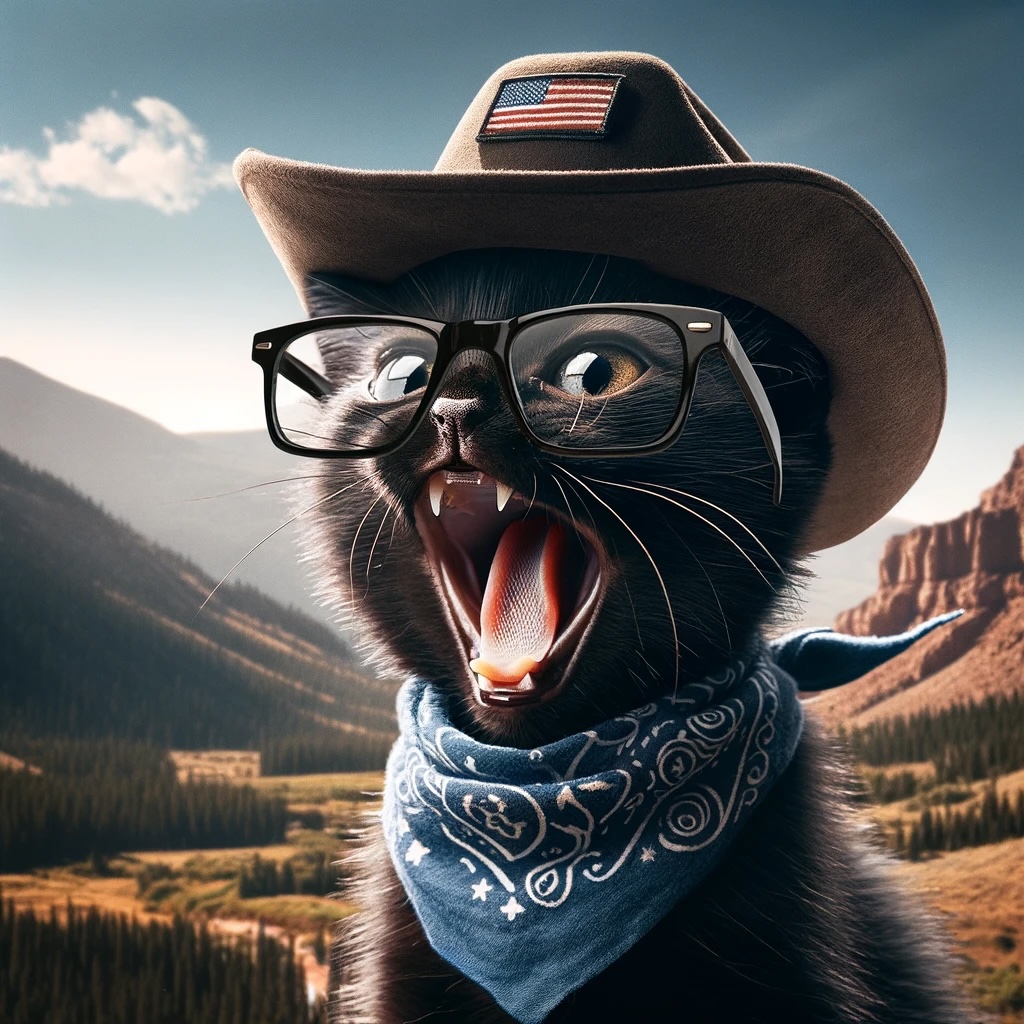A cat dressed in a cowboy hat, glasses, and a bandana, set against a mountainous backdrop.