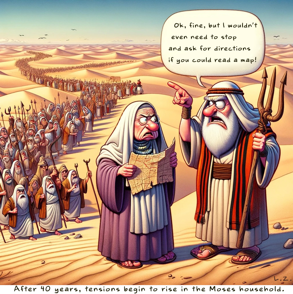 A cartoon depicting an exasperated Moses being scolded to ask for directions by Mrs. Moses.