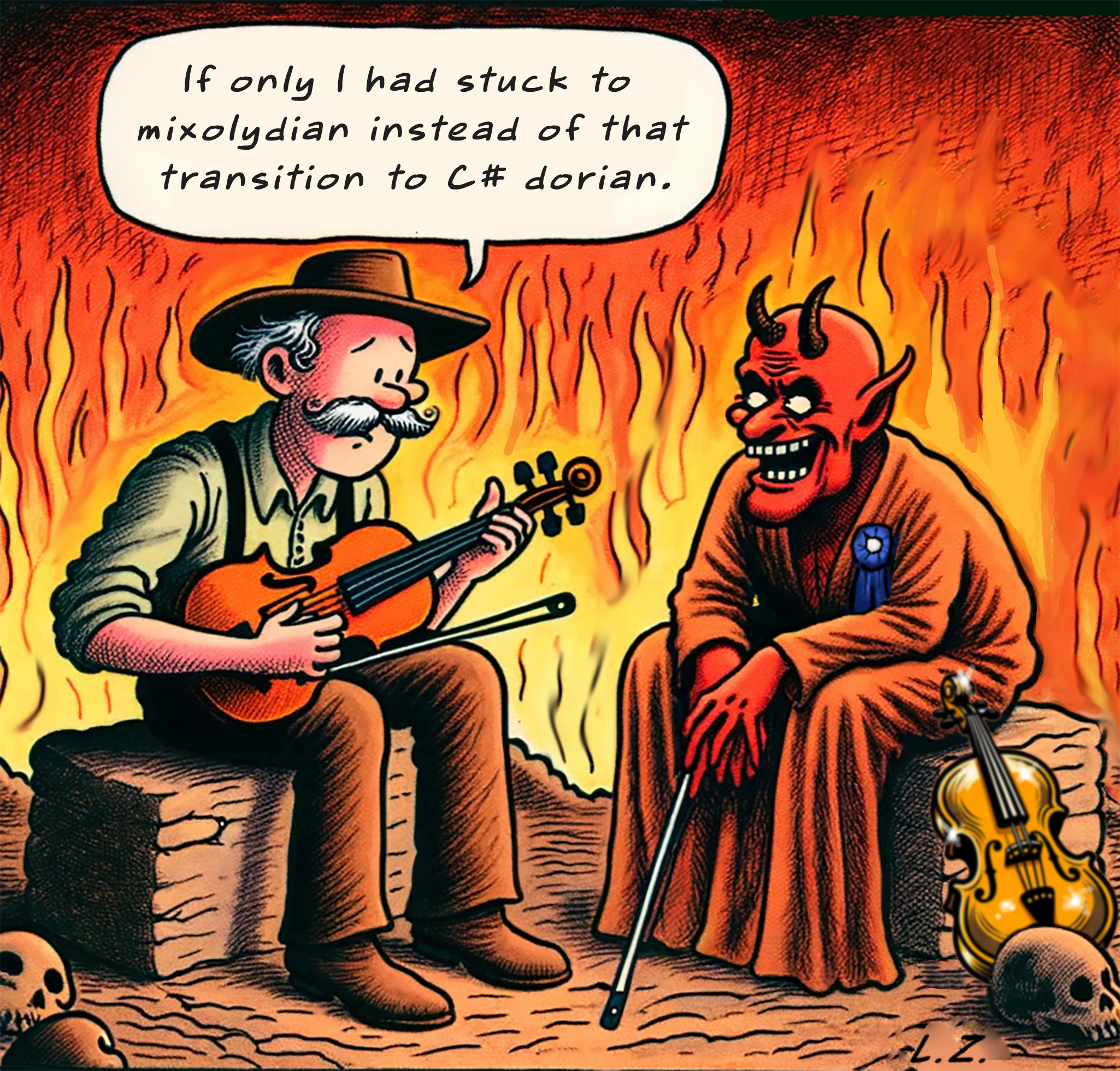 A cartoon of a fiddler and the devil in a fiery setting, with a speech bubble from the fiddler about musical scales.