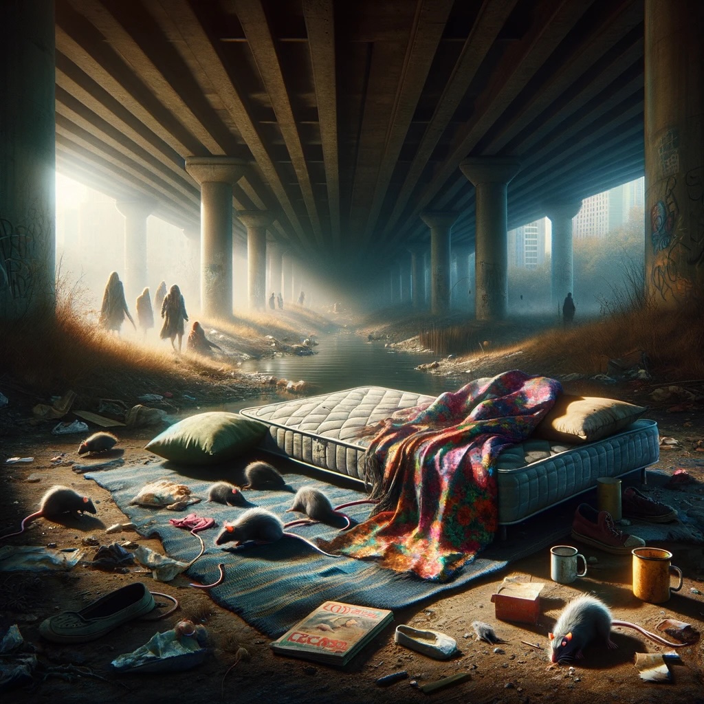A gritty underpass scene with a makeshift bed, surrounded by rats, and littered with personal items.