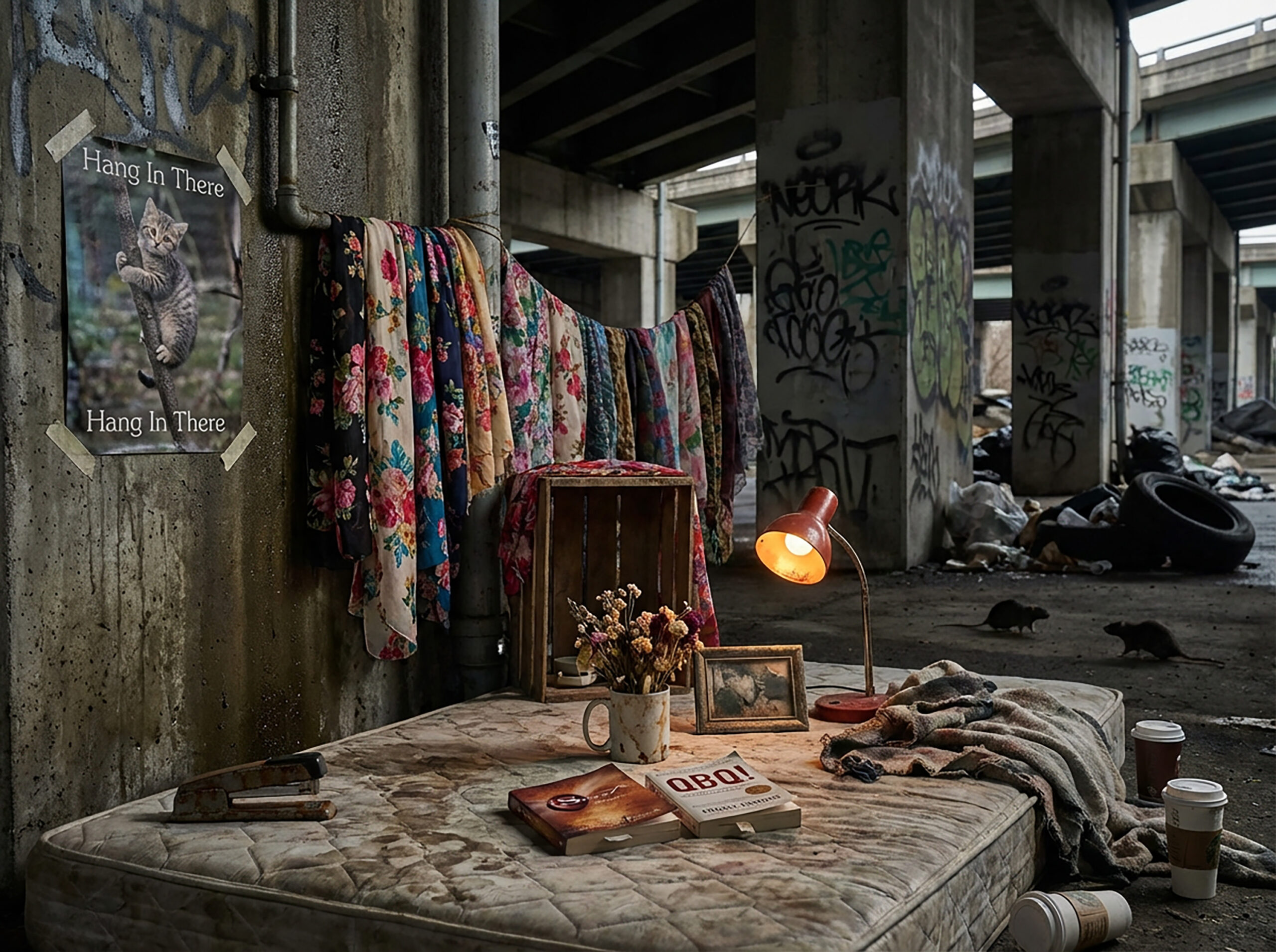 Makeshift living space under concrete highway overpass. Stained mattress with colorful floral scarves and blankets. 'Hang In There' motivational cat poster taped to concrete pillar. Self-help books 'The Secret' and 'QBQ!' visible on mattress alongside chipped mug with wildflowers, framed photo, and red lamp. Rats visible in background. Urban decay contrasts with attempts at homey decoration.