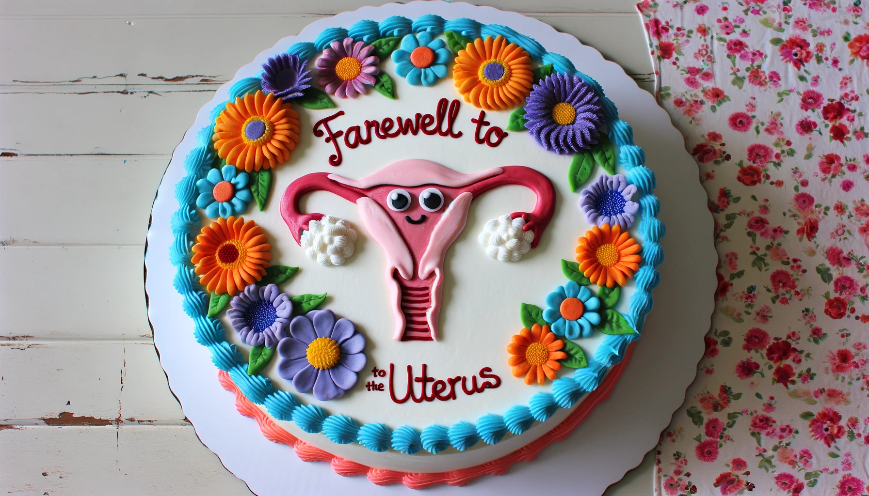 A celebratory cake with a whimsical design featuring a cartoon uterus, and googly eyes, surrounded by colorful fondant flowers.