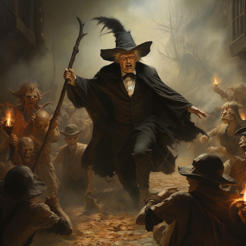 A painting depicting an anguished man dressed as a witch, seemingly cornered by a hostile mob engaged in hunting the obvious witch.
