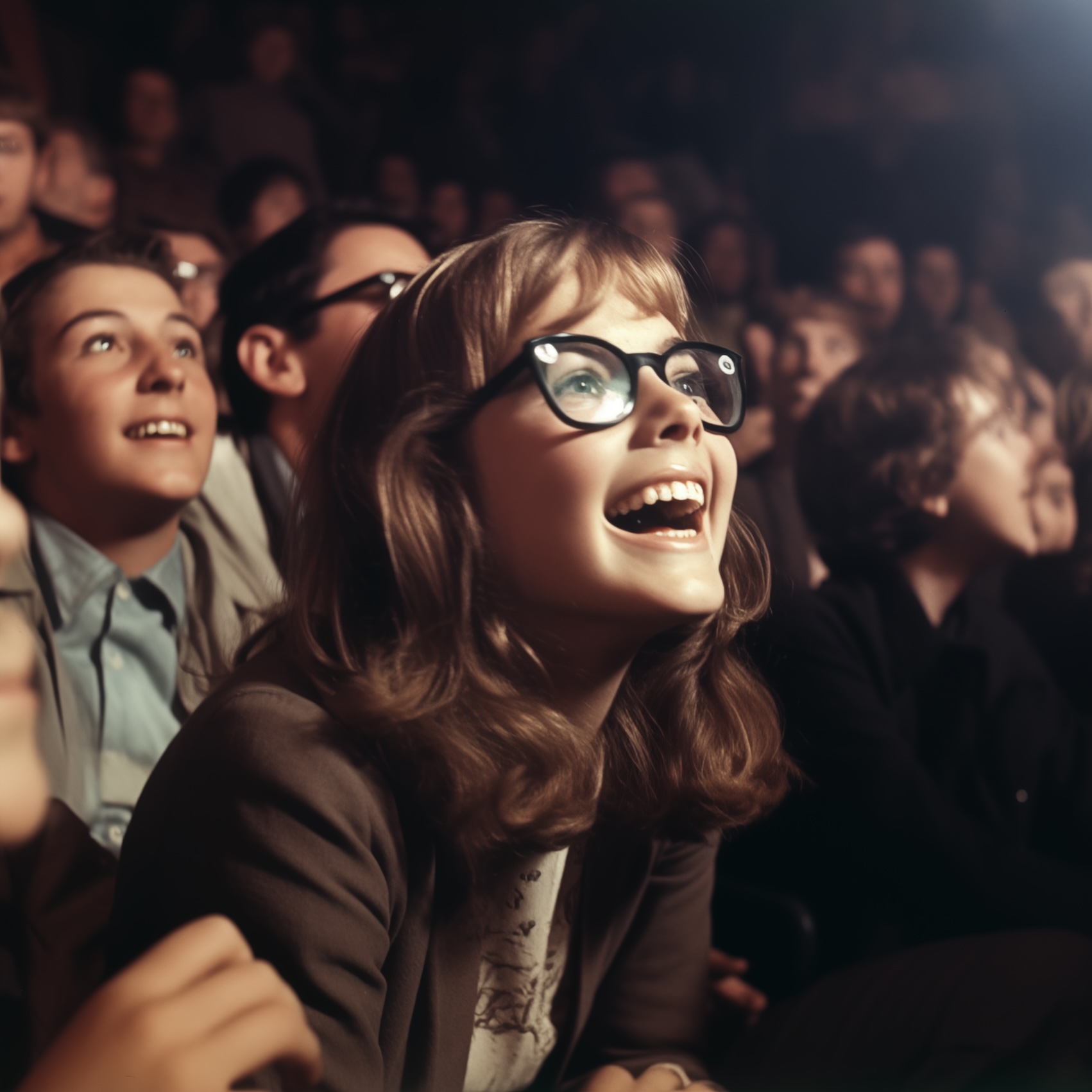 A vintage photo of a young girl with glasses looking up in awe, surrounded by an audience.
