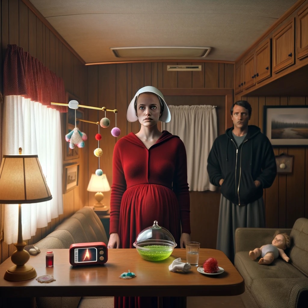 A scene depicting a woman dressed in a red dress and white cap, reminiscent of the character from 'The Handmaid's Tale,' standing in the center of a retro-styled living room. To her right stands a man in a dark hoodie, his expression solemn. The room is filled with mid-20th century decor, including a vintage television displaying a sonogram, a molecular model, and a baby doll on the couch. The atmosphere suggests a blend of classic Americana with futuristic overtones." Caption: "In Vitro Veritas: A Modern Tale of Creation and Identity.