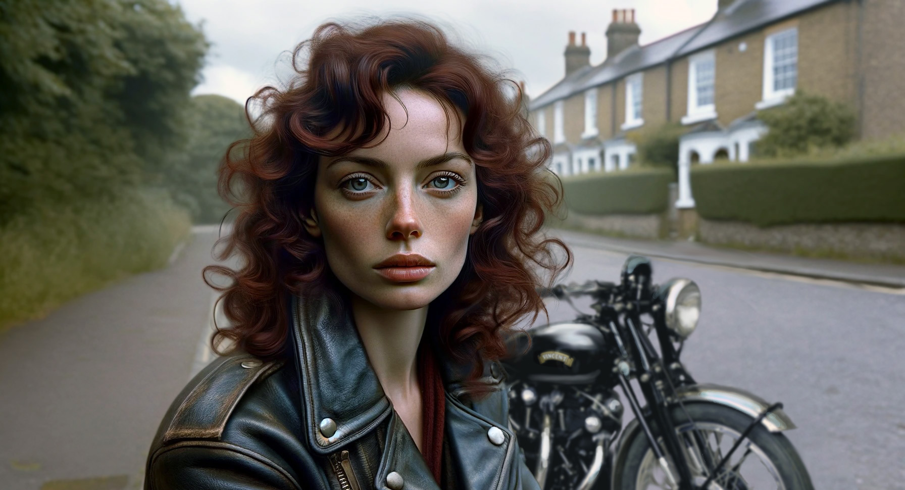 Portrait of a woman with curly red hair and blue eyes wearing a black leather jacket, standing in front of a classic motorcycle parked on a suburban road.