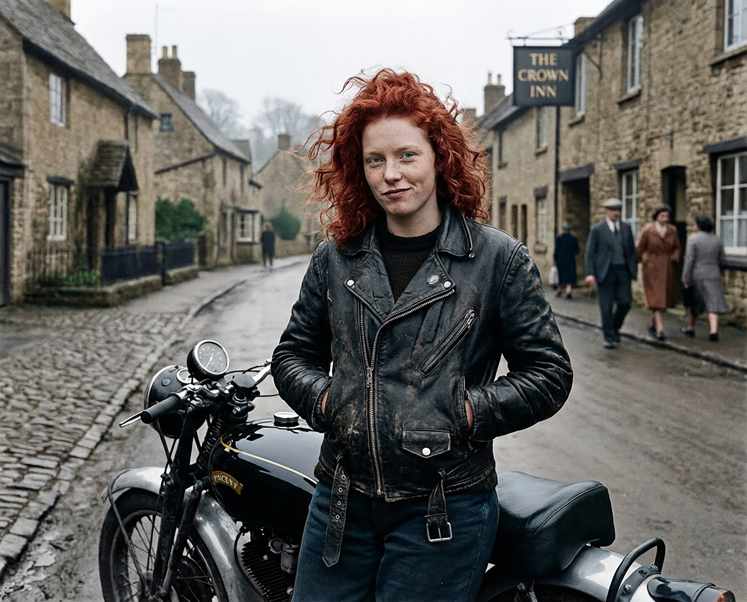 Portrait of a woman with curly red hair and blue eyes wearing a black leather jacket, standing in front of a classic motorcycle parked on a suburban road.