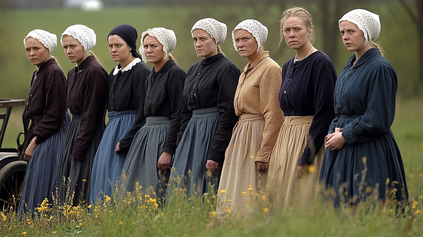 A group of Amish women, dressed in traditional bonnets and modest long dresses, stand together in a grassy field exuding raw sexuality. Their expressions are stern and serious as they direct their smoldering gazes intently.