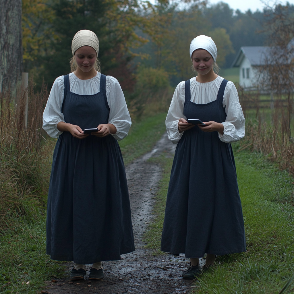 Two young Amish women dressed in traditional plain dresses and bonnets walk along a dirt path while looking down at their smartphones. The peaceful countryside surrounds them, contrasting the modern technology in their hands with the simplicity of their attire and surroundings.