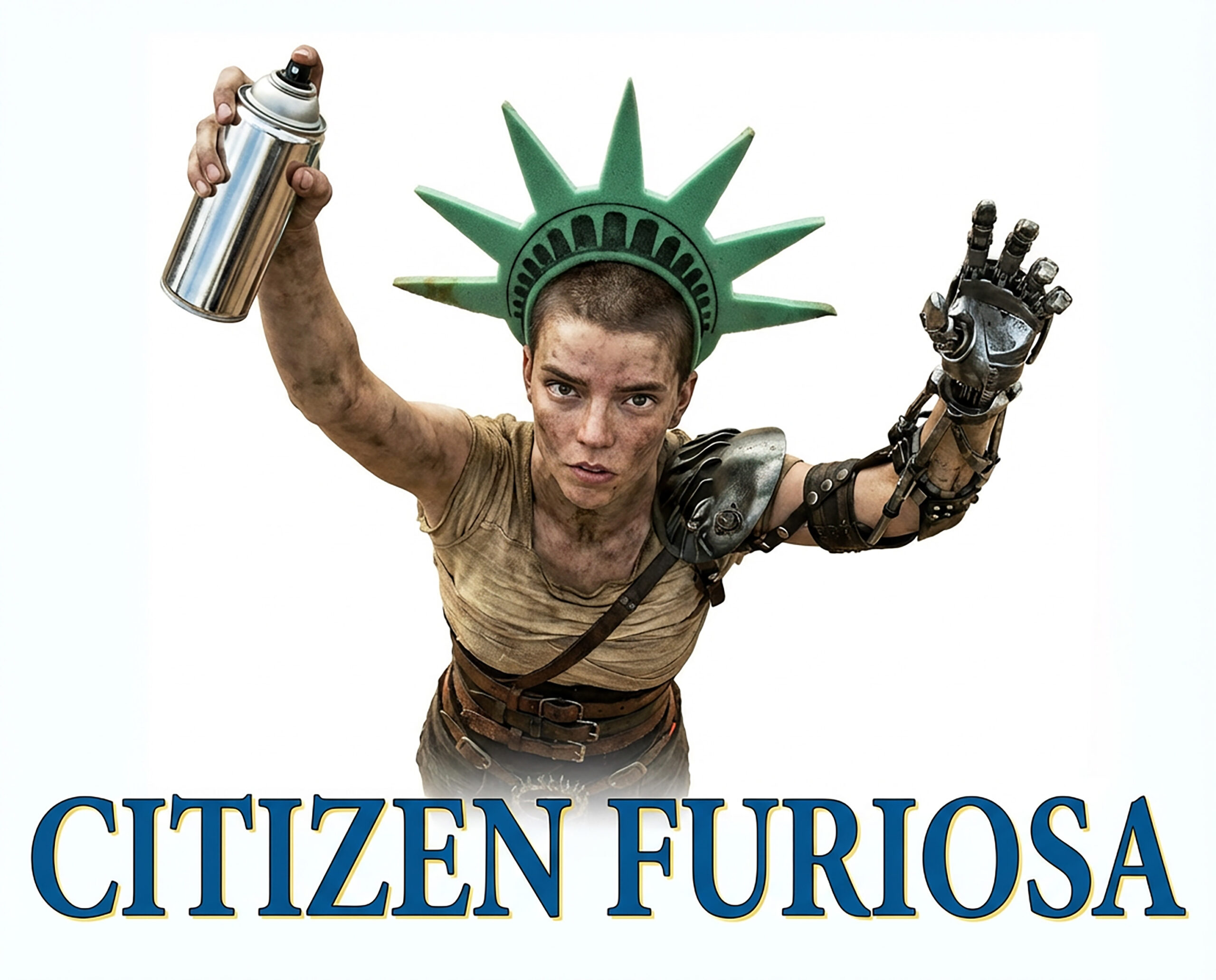 I can help you create alt text for these images! Alt text should describe the image content for accessibility. Here are suggestions for each image we've worked on: The Van (Disco Grandpa): "Burgundy custom GMC Vandura van with candy paint and porthole windows parked in front of Volusia County Courthouse. Elderly man in burgundy velour disco suit and pompadour hairstyle stands at passenger door gesturing to elderly woman sitting inside clutching purse, refusing to exit. 1983 Florida setting." The Restroom Girl: "Interior of dingy rural convenience store under harsh fluorescent lights. Young teenage girl in white frilly bluegrass dress emerges from restroom door at back, smoothing her dress with serene expression. Several people scattered throughout store recoil in horror, clutching chests and covering noses. Rainy afternoon visible through windows. 2007 Ozarks setting." Wichita Lineman: "Middle-aged utility lineman in yellow hard hat and high-visibility vest stands next to white utility truck with bucket lift in rural Kansas wheat field. He holds framed lyrics to 'Wichita Lineman' with skeptical, exasperated expression. Telephone poles stretch to horizon in background." Under the Bridge (Roxy's Workspace): "Makeshift living space under concrete highway overpass. Stained mattress with colorful floral scarves and blankets. 'Hang In There' motivational cat poster taped to concrete pillar. Self-help books 'The Secret' and 'QBQ!' visible on mattress alongside chipped mug with wildflowers, framed photo, and red lamp. Rats visible in background. Urban decay contrasts with attempts at homey decoration." Citizen Furiosa: "Movie poster parody. Young woman with shaved head in post-apocalyptic desert clothing and mechanical prosthetic arm holds chrome spray paint can aloft like torch. She wears makeshift Statue of Liberty crown made from green metal. Title 'CITIZEN FURIOSA' appears in blue and gold letters at bottom against white background.