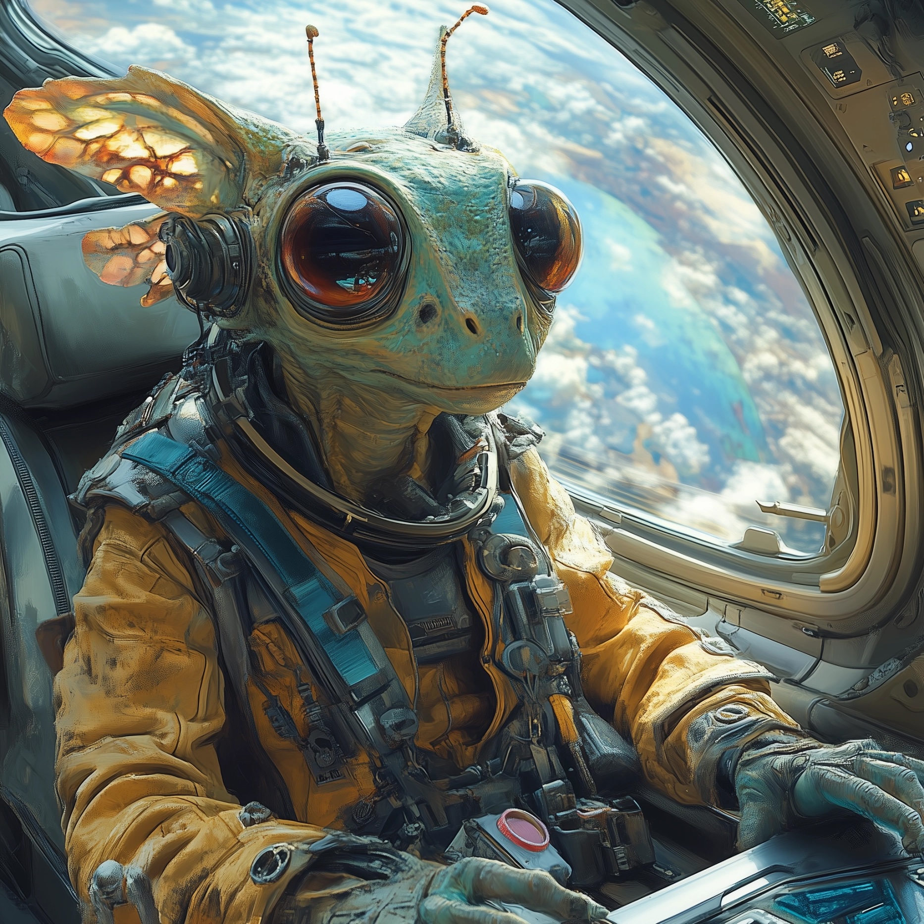 A tri-symbiotic insectoid being, Dr. V’Lorr 37, sits in the cockpit of a spaceship wearing a spacesuit. His large, hemispherical eyes focus forward. The planet Sol 3, with its blue-green surface and stormy atmosphere, is visible through the window.