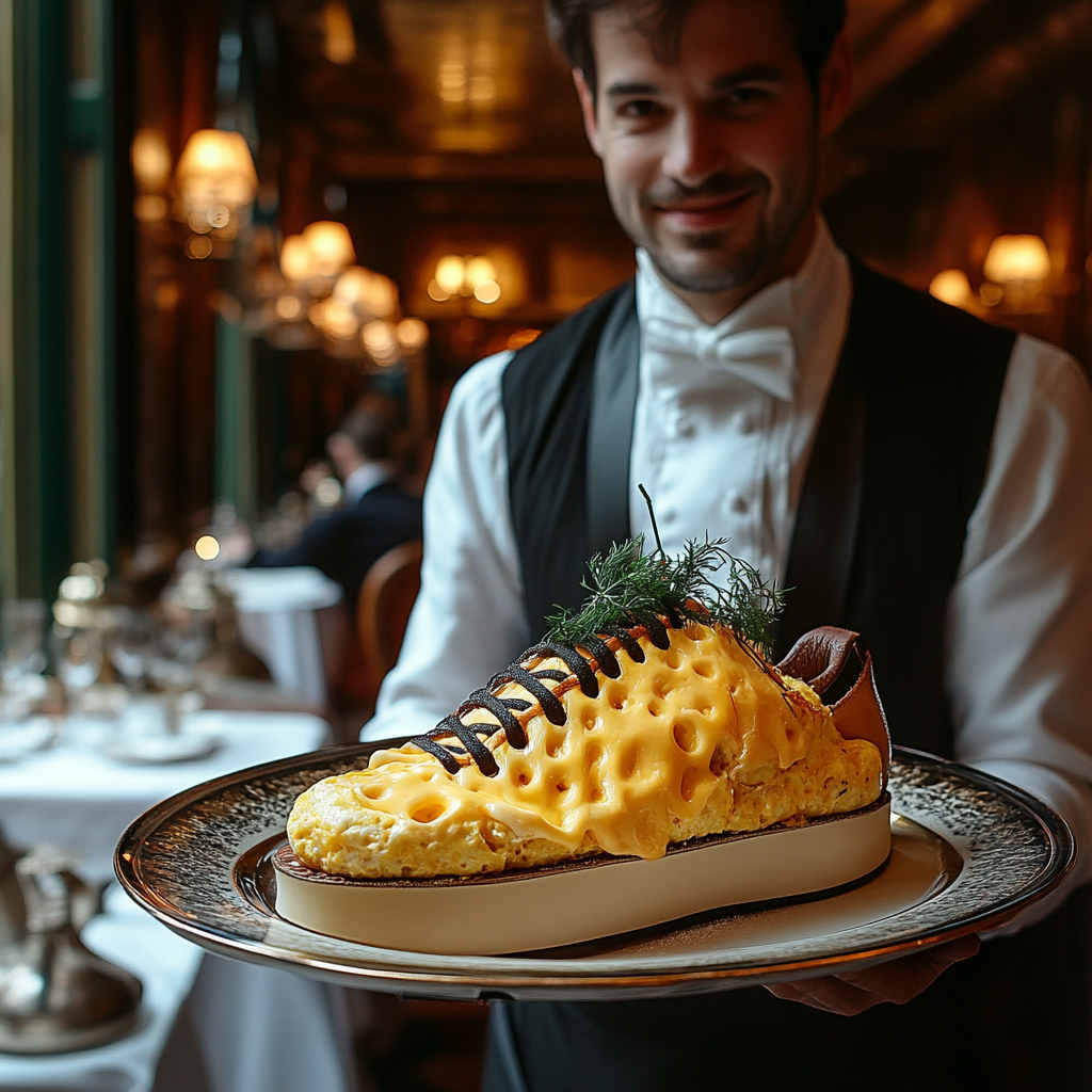 A waiter in a black vest and white bow tie presents a shoe topped with melted cheese and garnished with a sprig of dill, served on an ornate silver platter. The upscale restaurant setting includes elegant tables, soft lighting, and a refined atmosphere.