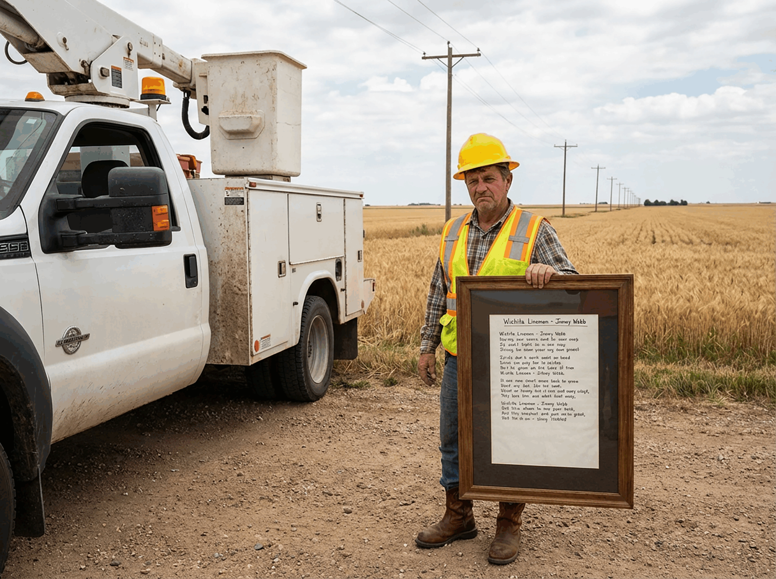 Middle-aged utility lineman in yellow hard hat and high-visibility vest stands next to white utility truck with bucket lift in rural Kansas wheat field. He holds framed lyrics to 'Wichita Lineman' with skeptical, exasperated expression. Telephone poles stretch to horizon in background.