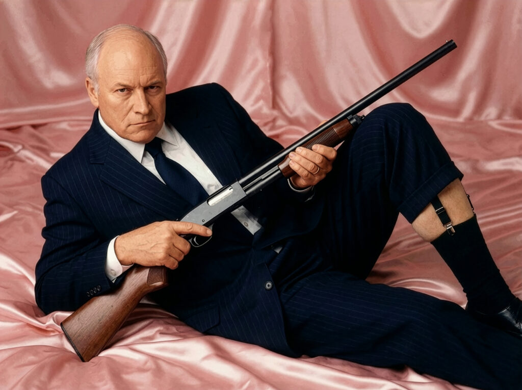 Dick Cheney posed on pink satin sheets in business suit holding shotgun across body in glamour photography style