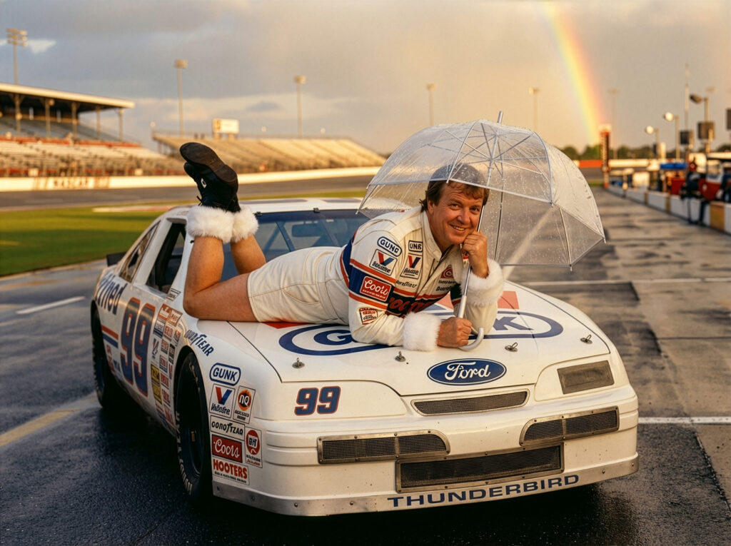 NASCAR driver Dick Trickle in racing suit posed on race car hood holding clear umbrella with rainbow in background after April showers