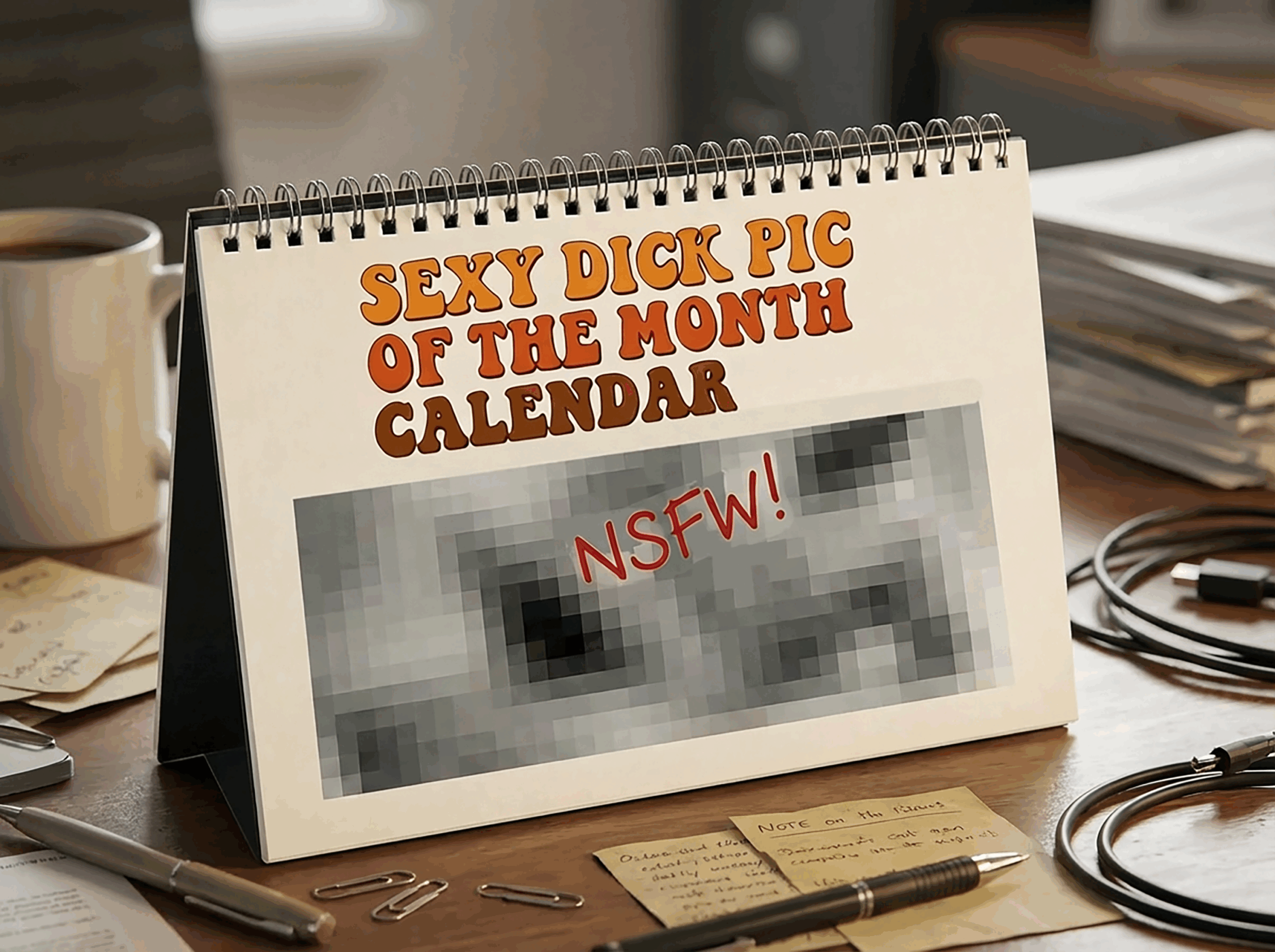 Spiral-bound desk calendar titled 'Sexy Dick Pic of the Month Calendar' with pixelated NSFW image, displayed on office desk with coffee mug and office supplies
